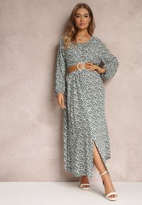 Renee - Biało-Zielona Sukienka Hyrathe. Kolor: zielony. Materiał: tkanina. Wzór: aplikacja, kwiaty, nadruk. Styl: elegancki. Długość: maxi