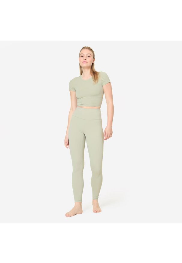 DOMYOS - Legginsy do jogi i pilatesu Breathe. Kolor: zielony. Materiał: poliamid, materiał, elastan. Sport: joga i pilates