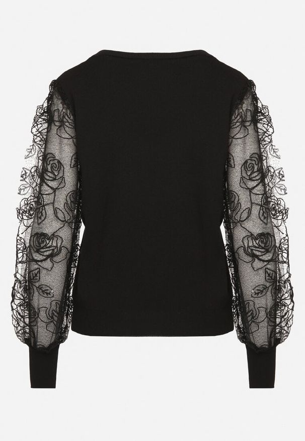 Born2be - Czarny Sweter z Siateczkowymi Rękawami i Ozdobną Kokardką z Perełkami Arsira. Okazja: na co dzień. Typ kołnierza: kokarda. Kolor: czarny. Materiał: jeans. Wzór: aplikacja. Styl: casual