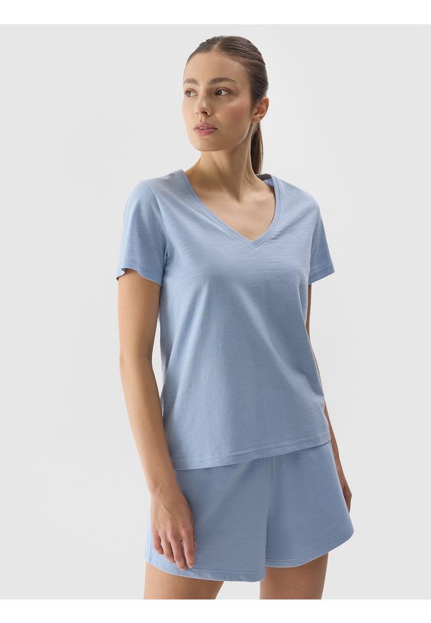 4f - 4F T-shirt gładki damski - niebieski S. Okazja: na co dzień. Typ kołnierza: dekolt w serek. Kolor: niebieski. Długość: krótkie. Wzór: gładki. Materiał: jersey, dzianina, bawełna. Długość rękawa: krótki rękaw. Sezon: lato. Styl: casual, sportowy