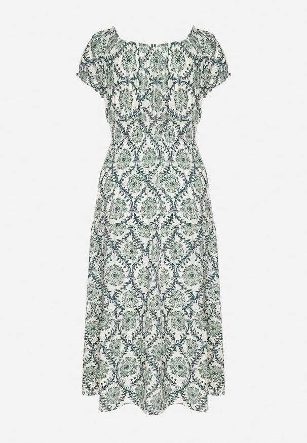 Born2be - Zielona Sukienka z Bawełną i Bufiastymi Rękawami Revilee. Okazja: na spacer, na co dzień. Kolor: zielony. Materiał: bawełna. Wzór: aplikacja. Styl: casual, elegancki