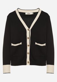 Born2be - Czarny Kardigan z Wiskozą z Ozdobną Lamówką i Guzikami Halirena. Okazja: na co dzień. Kolor: czarny. Materiał: wiskoza. Styl: klasyczny, casual, elegancki #6