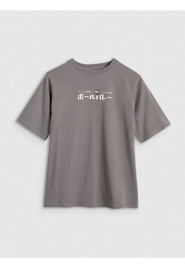 4f - 4F T-shirt oversize z nadrukiem chłopięcy - szary 152 (11-12 lat). Okazja: na co dzień. Kolor: szary. Materiał: bawełna, materiał, tkanina, jersey. Wzór: nadruk. Sezon: lato. Styl: klasyczny, sportowy, casual