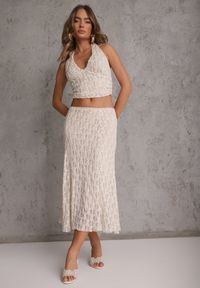 Renee - Beżowy Komplet z Koronki Spódnica i Top z Wiązaniem na Szyi Dainetia. Kolor: beżowy. Materiał: koronka. Wzór: koronka #3