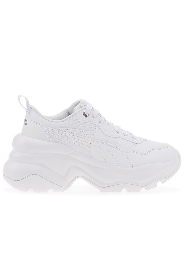 Buty Puma Cilia Wedge 39391502 - białe. Okazja: na co dzień. Wysokość cholewki: przed kostkę. Zapięcie: pasek. Kolor: biały. Materiał: materiał, skóra, syntetyk, guma. Szerokość cholewki: normalna. Wzór: paski