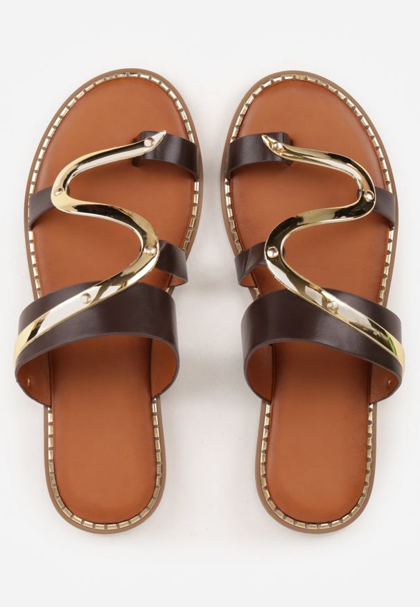 Renee - Brązowe Klapki Japonki z Paskiem na Palec Zdobione Metaliczną Aplikacją Trisgeiros. Okazja: na co dzień. Kolor: brązowy. Wzór: aplikacja. Sezon: lato. Styl: casual