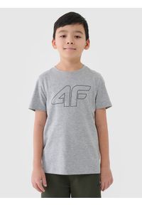 4f - T-shirt z nadrukiem chłopięcy - szary. Okazja: na co dzień. Kolor: szary. Materiał: bawełna, jersey, dzianina. Długość rękawa: krótki rękaw. Długość: krótkie. Wzór: nadruk. Sezon: lato. Styl: sportowy, casual, klasyczny