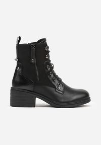 Born2be - Czarne Botki Trzewiki na Klockowym Obcasie Zdobione Suwakiem Salittea. Okazja: do pracy, na co dzień, na spotkanie biznesowe. Kolor: czarny. Materiał: dzianina, jeans. Wzór: aplikacja. Obcas: na obcasie. Styl: casual, elegancki, biznesowy. Wysokość obcasa: średni #6