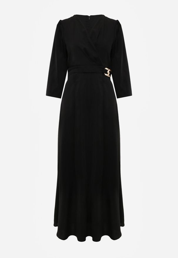 Born2be - Czarna Kopertowa Sukienka Wieczorowa z Metaliczną Aplikacją w Talii Henalana. Okazja: na imprezę. Typ kołnierza: dekolt w serek. Kolor: czarny. Wzór: aplikacja. Typ sukienki: kopertowe. Styl: wizytowy