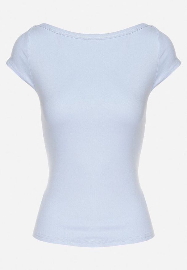 Born2be - Jasnoniebieski T-shirt z Bawełny o Dopasowanym Kroju z Dekoltem w Łódkę Galerissa. Kolor: niebieski. Materiał: bawełna. Styl: elegancki