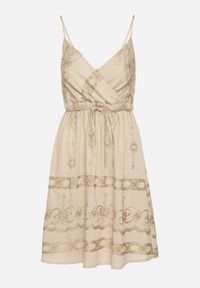 Born2be - Beżowa Sukienka Boho z Wiskozy na Ramiączkach Zdobiona Metalicznym Haftem Saleriela. Okazja: na spacer, na co dzień. Kolor: beżowy. Materiał: wiskoza. Długość rękawa: na ramiączkach. Wzór: haft, aplikacja. Typ sukienki: rozkloszowane. Styl: boho #7