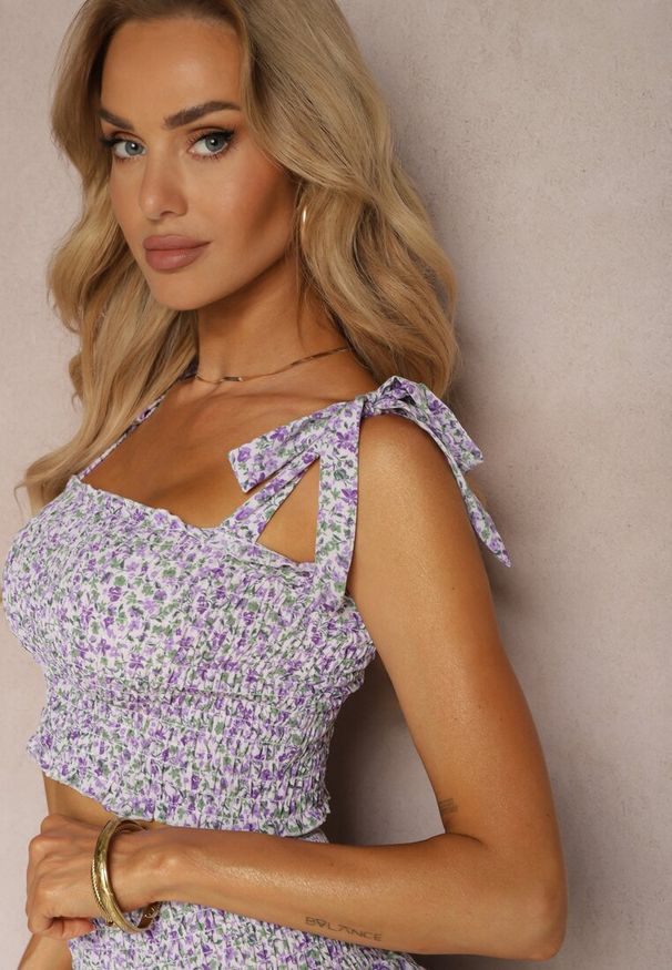 Renee - Fioletowy Komplet Top na Ramiączkach Spódnica z Falbanką i Gumką w Pasie Tesada. Kolor: fioletowy. Materiał: materiał