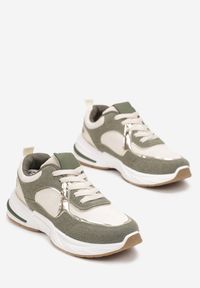 Born2be - Beżowo-Zielone Sneakersy z Metaliczną Lamówką Ovanaia. Nosek buta: okrągły. Zapięcie: sznurówki. Kolor: beżowy. Materiał: materiał. Obcas: na obcasie. Wysokość obcasa: niski #4