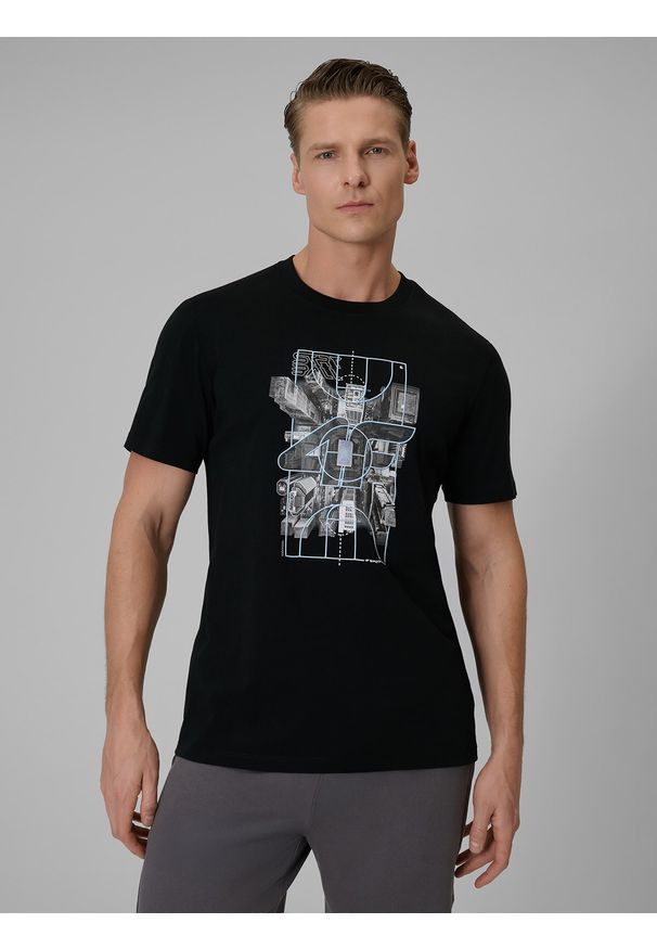 4f - 4F T-shirt regular z nadrukiem męski - czarny XL. Okazja: na co dzień. Kolor: czarny. Materiał: dzianina, bawełna, materiał. Wzór: nadruk. Styl: casual, klasyczny