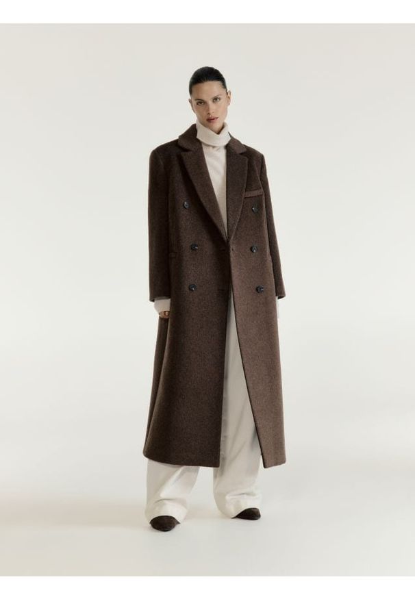 Reserved - Płaszcz oversize z wełną - brązowy. Kolor: brązowy. Materiał: wełna