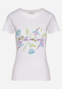 Born2be - Biało-Niebieski Bawełniany T-shirt Ozdobiony Nadrukiem Zarice. Okazja: na co dzień. Kolor: niebieski. Materiał: bawełna. Wzór: aplikacja, nadruk. Styl: klasyczny, casual