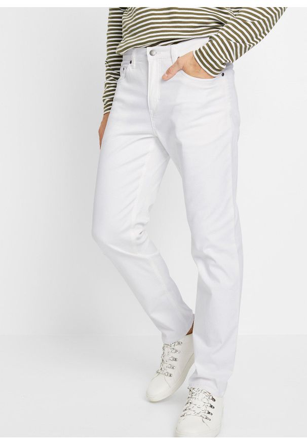 bonprix - Dżinsy ze stretchem classic fit, zwężana nogawka. Stan: podwyższony. Kolor: biały