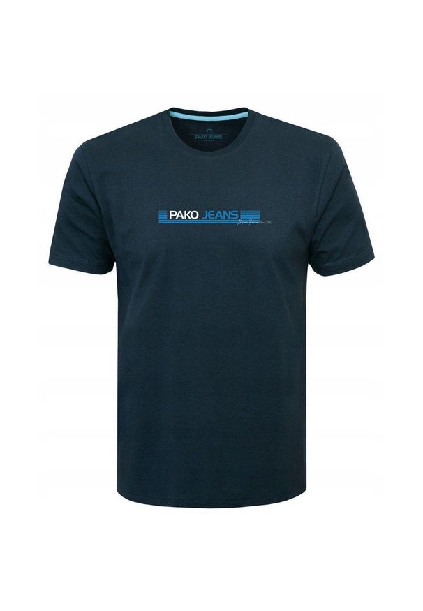 Koszulka Męska (T-Shirt) - Pako Jeans - U-Neck - Granatowa. Okazja: na co dzień. Kolor: niebieski. Materiał: bawełna. Wzór: nadruk. Styl: casual