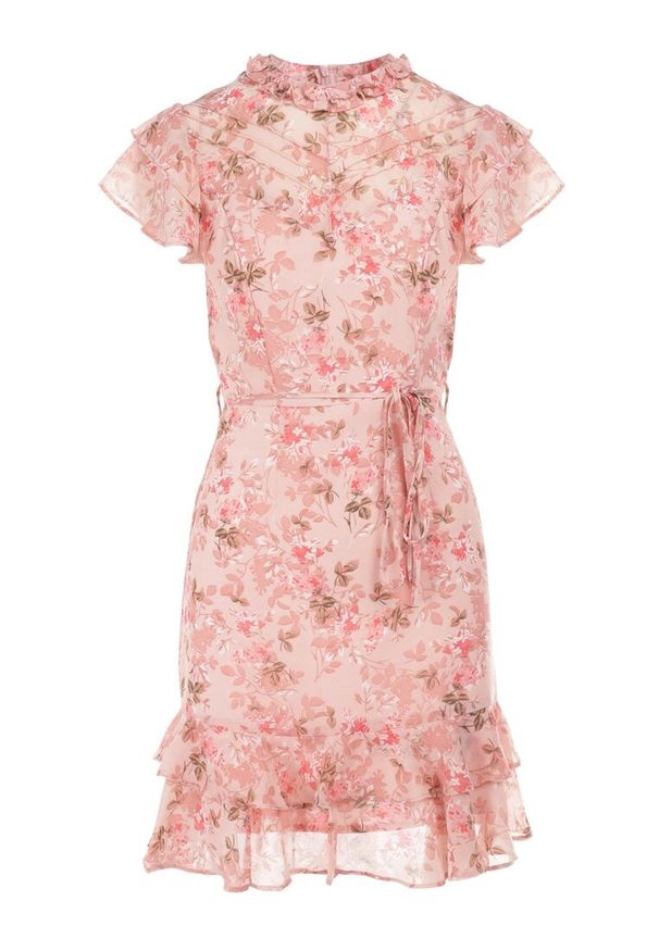Born2be - Różowa Sukienka Corite. Typ kołnierza: kołnierz z falbankami. Kolor: różowy. Materiał: tkanina. Wzór: aplikacja, kolorowy, kwiaty. Długość: mini