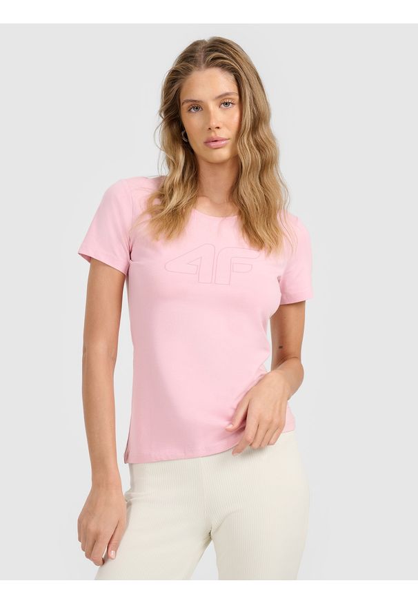 4f - 4F T-shirt slim z nadrukiem damski - różowy M. Okazja: na co dzień. Kolor: różowy. Materiał: elastan, bawełna, materiał, dzianina, jersey. Wzór: nadruk. Styl: klasyczny, casual, sportowy