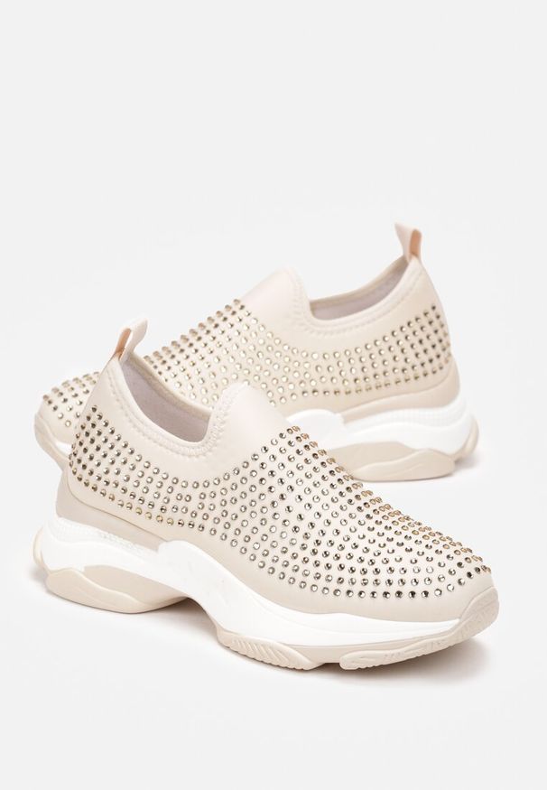 Born2be - Beżowe Buty Sportowe w Cyrkonie na Grubej Podeszwie Coneta. Kolor: beżowy. Wzór: aplikacja