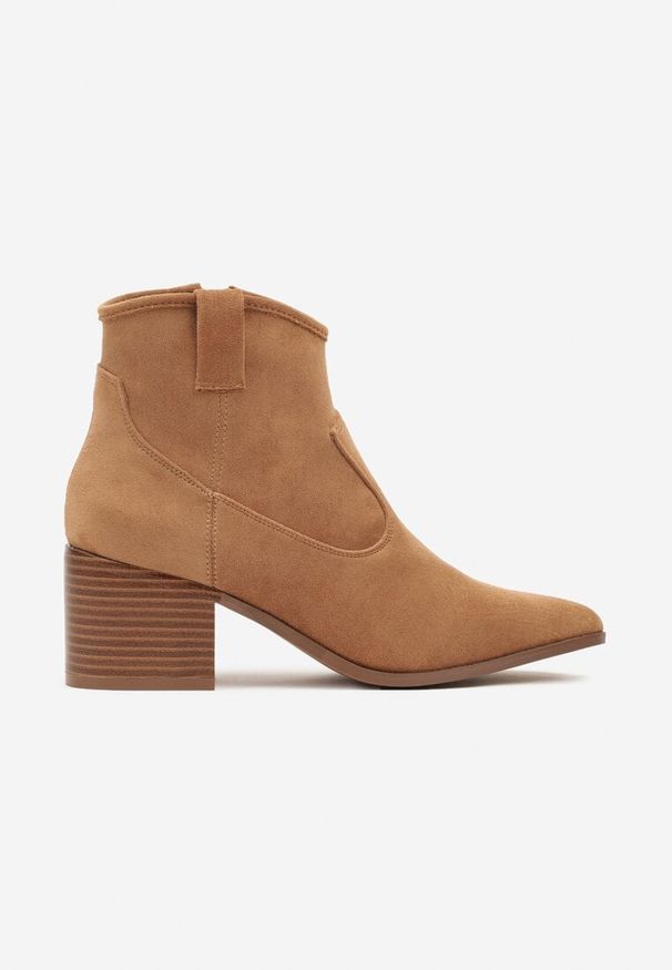 Renee - Brązowe Botki Vices w Stylu Kowbojek na Obcasie Vertige. Zapięcie: zamek. Kolor: brązowy. Materiał: jeans. Sezon: jesień. Obcas: na obcasie. Styl: rockowy, elegancki, boho. Wysokość obcasa: średni