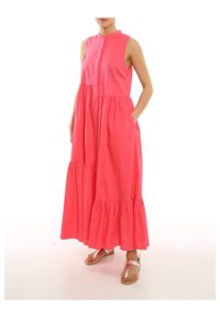 TwinSet - Długa popelinowa sukienka z falbanami Twinset. Typ kołnierza: kołnierzyk stójkowy. Kolor: różowy. Materiał: bawełna. Typ sukienki: asymetryczne. Styl: klasyczny. Długość: maxi #1