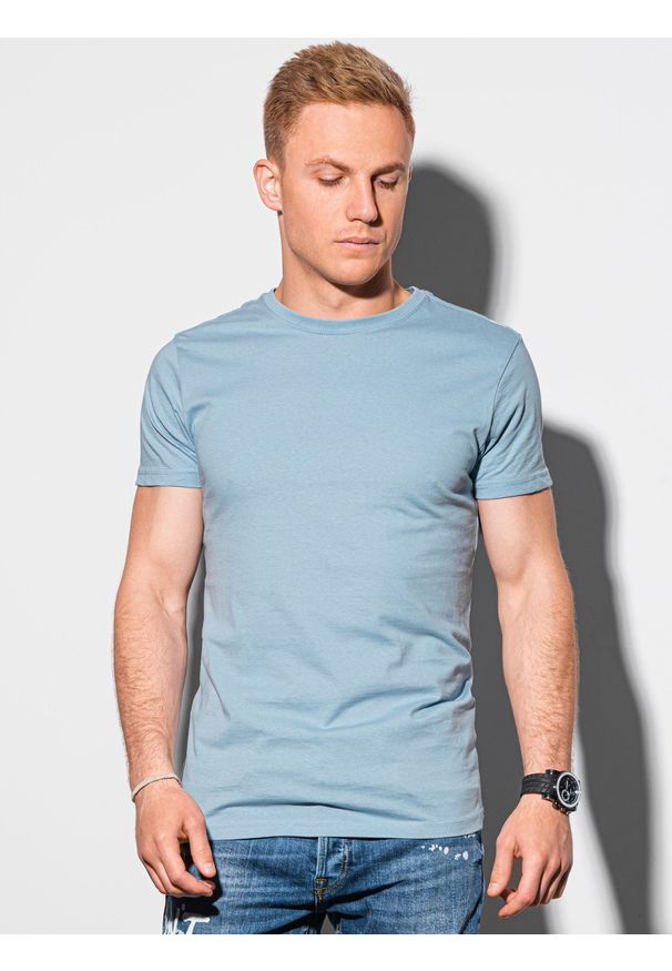 Ombre Clothing - T-shirt męski bawełniany BASIC - jasnoniebieski V19 S1370 - XXL. Kolor: niebieski. Materiał: bawełna. Styl: klasyczny