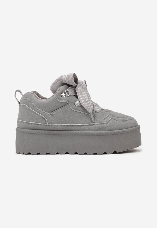 Born2be - Szare Sneakersy Vices w Stylu Śniegowców na Platformie z Ozdobnym Futerkiem Nalirea. Okazja: na co dzień. Zapięcie: sznurówki. Kolor: szary. Materiał: futro. Sezon: zima. Obcas: na platformie