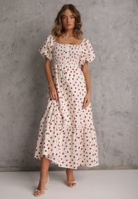 Renee - Beżowa Rozkloszowana Sukienka w Kropki z Bawełny z Bufiastymi Rękawami Aninele. Kolor: beżowy. Materiał: bawełna. Wzór: kropki. Sezon: lato #5