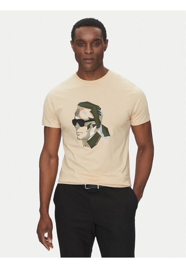 Karl Lagerfeld - KARL LAGERFELD T-Shirt 755067 552241 Beżowy Regular Fit. Typ kołnierza: dekolt w karo. Kolor: beżowy. Materiał: bawełna