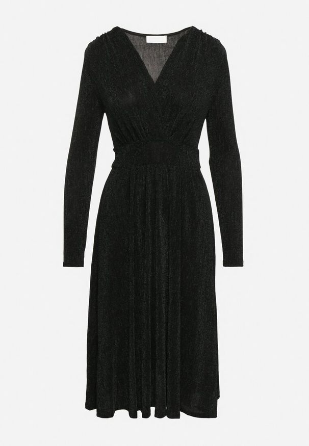 Born2be - Zielona Taliowana Sukienka z Wiskozą o Rozkloszowanym Kroju Zdobiona Metaliczną Nicią Mesinae. Okazja: na spotkanie biznesowe, do pracy. Typ kołnierza: dekolt w kształcie V. Kolor: zielony. Materiał: wiskoza. Długość rękawa: długi rękaw. Wzór: aplikacja. Typ sukienki: rozkloszowane. Styl: biznesowy, elegancki, glamour, wizytowy