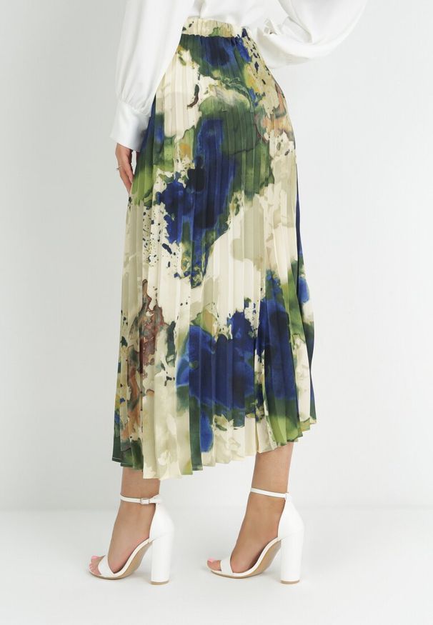 Born2be - Granatowo-Beżowa Plisowana Spódnica z Gumką i Regularnym Stanem w Pasie Suture. Kolor: niebieski