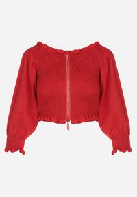 Born2be - Czerwona Marszczona Bluzka Hiszpanka z Suwakiem z Cyrkoniami Leanny. Typ kołnierza: dekolt hiszpanka. Kolor: czerwony #2