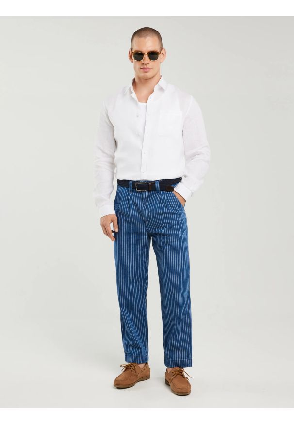 Big-Star - Jeansy męskie loose w prążek granatowe Temir 540. Okazja: na co dzień. Stan: podwyższony. Kolor: niebieski. Wzór: prążki. Styl: klasyczny, casual, elegancki