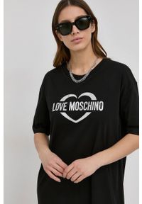 Love Moschino Sukienka kolor czarny mini oversize. Kolor: czarny. Materiał: dzianina. Długość rękawa: krótki rękaw. Typ sukienki: oversize. Długość: mini #5