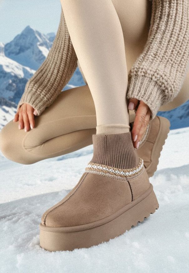 Born2be - Ciemnobeżowe Śniegowce na Grubej Podeszwie z Elastyczną Cholewką Nilevelia. Okazja: na co dzień. Kolor: beżowy. Materiał: jeans. Szerokość cholewki: normalna. Styl: casual