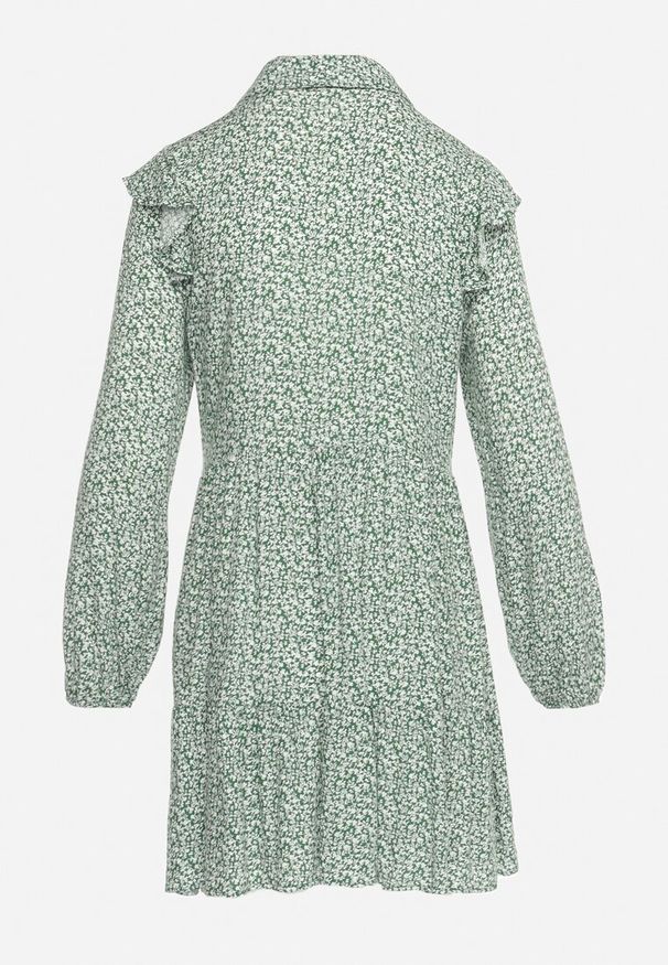 Born2be - Zielona Rozkloszowana Sukienka Mini w Kwiaty z Falbankami na Ramionach Lorean. Okazja: na spacer, na imprezę. Typ kołnierza: kołnierz z falbankami. Kolor: zielony. Materiał: materiał. Wzór: kwiaty. Sezon: lato. Styl: elegancki. Długość: mini