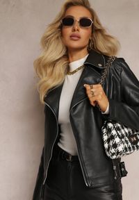 Renee - Czarna Kurtka Ramoneska z Paskiem z Klamrą Gianetta. Okazja: na co dzień. Kolor: czarny. Materiał: jeans. Styl: elegancki, casual #4