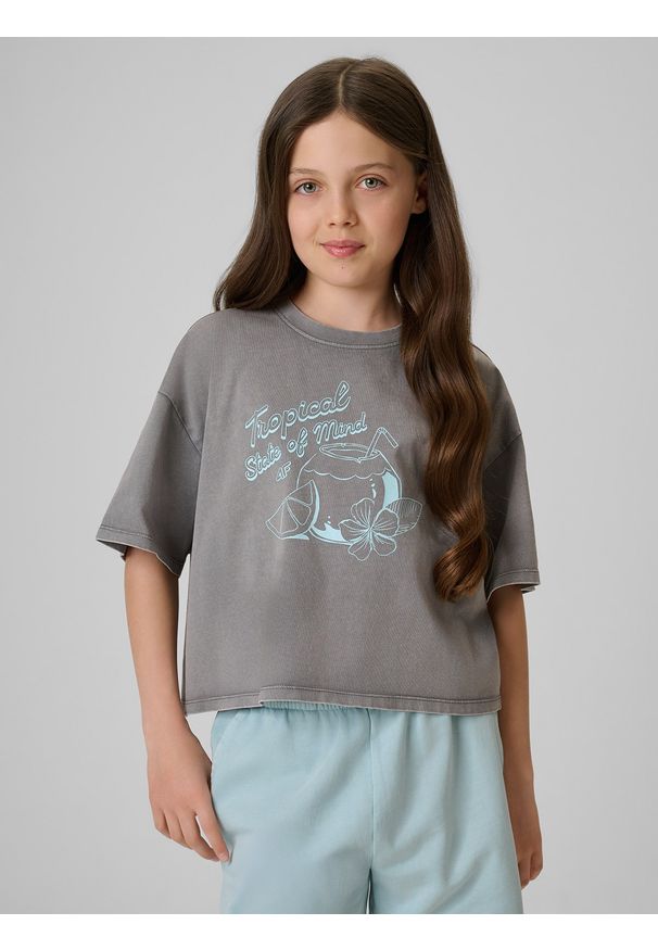 4f - 4F T-shirt loose crop top z nadrukiem dziewczęcy - szary 158/164 (12-14 lat). Okazja: na uczelnię, na co dzień, na spacer. Kolor: szary. Materiał: materiał, bawełna, skóra, dzianina. Długość: krótkie. Wzór: nadruk. Sezon: lato. Styl: casual