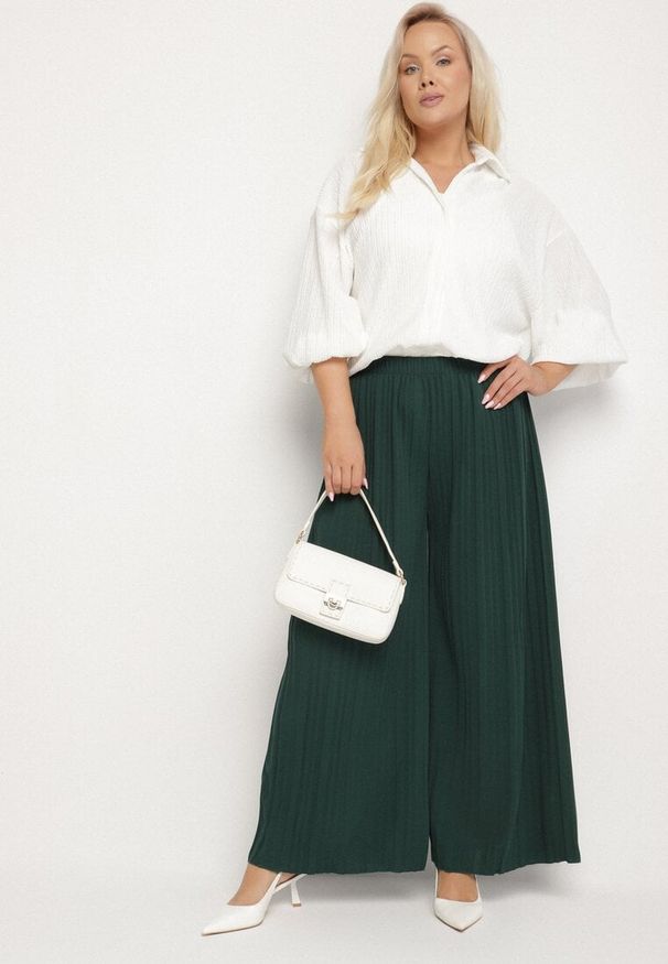Born2be - Zielone Szerokie Spodnie z Plisowanej Tkaniny z Gumką w Pasie Cesele. Kolekcja: plus size. Kolor: zielony. Materiał: tkanina. Styl: elegancki
