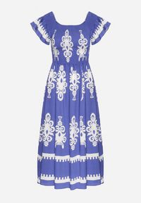 Born2be - Niebieska Wiskozowa Sukienka w Ornamentalne Wzory o Rozkloszowanym Kroju Divessa. Kolor: niebieski. Materiał: wiskoza. Długość rękawa: krótki rękaw. Typ sukienki: proste #6