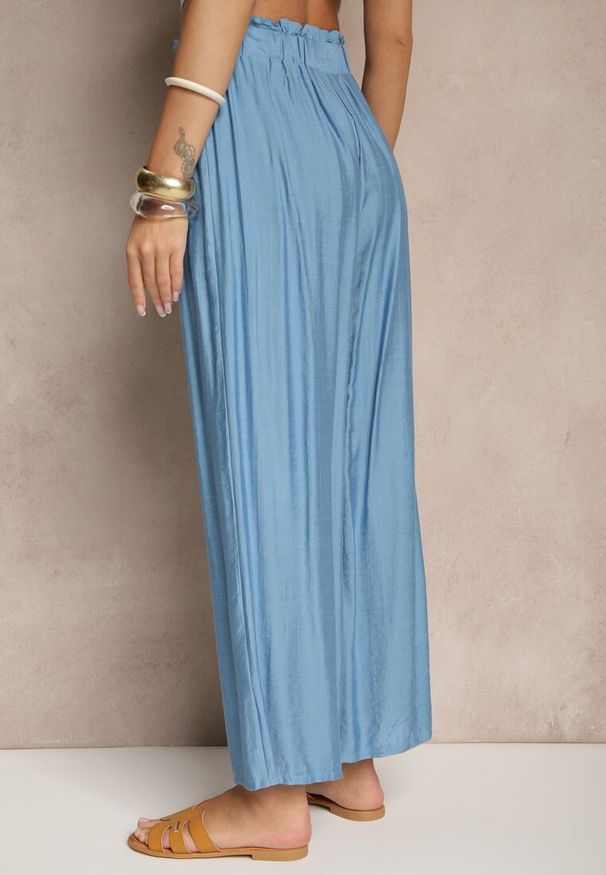 Renee - Niebieskie Spodnie High Waist o Szerokim Kroju z Wiązaniem Telisiela. Okazja: na co dzień. Stan: podwyższony. Kolor: niebieski. Styl: casual, klasyczny, elegancki