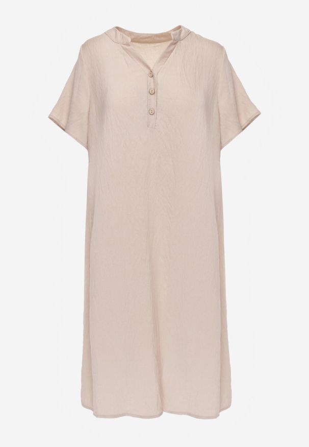 Born2be - Beżowa Wiskozowa Sukienka o Pudełkowym Kroju z Dekoltem V z Guzikami Berborin. Okazja: do pracy, na co dzień. Kolekcja: plus size. Kolor: beżowy. Materiał: wiskoza. Typ sukienki: proste, dla puszystych. Styl: klasyczny, casual