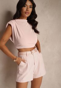 Renee - Różowe Szorty High Waist z Paskiem Linave. Okazja: na co dzień, na imprezę. Stan: podwyższony. Kolor: różowy. Sezon: lato. Styl: elegancki, casual