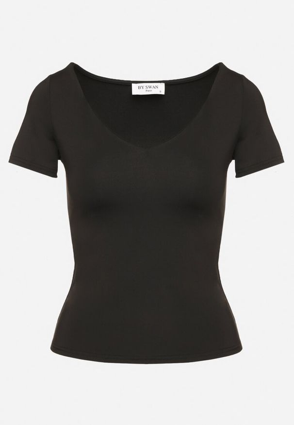 Born2be - Czarny T-shirt z Wiskozą o Dopasowanym Kroju z Dekoltem w Serek Folarisse. Typ kołnierza: dekolt w serek. Kolor: czarny. Materiał: wiskoza