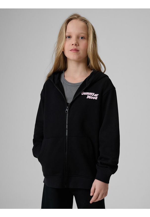 4f - 4F Bluza dresowa loose z kapturem dziewczęca - czarna 122/128 (6-8 lat). Okazja: na uczelnię, na co dzień. Typ kołnierza: kaptur. Kolor: czarny. Materiał: dresówka. Sezon: lato. Styl: casual