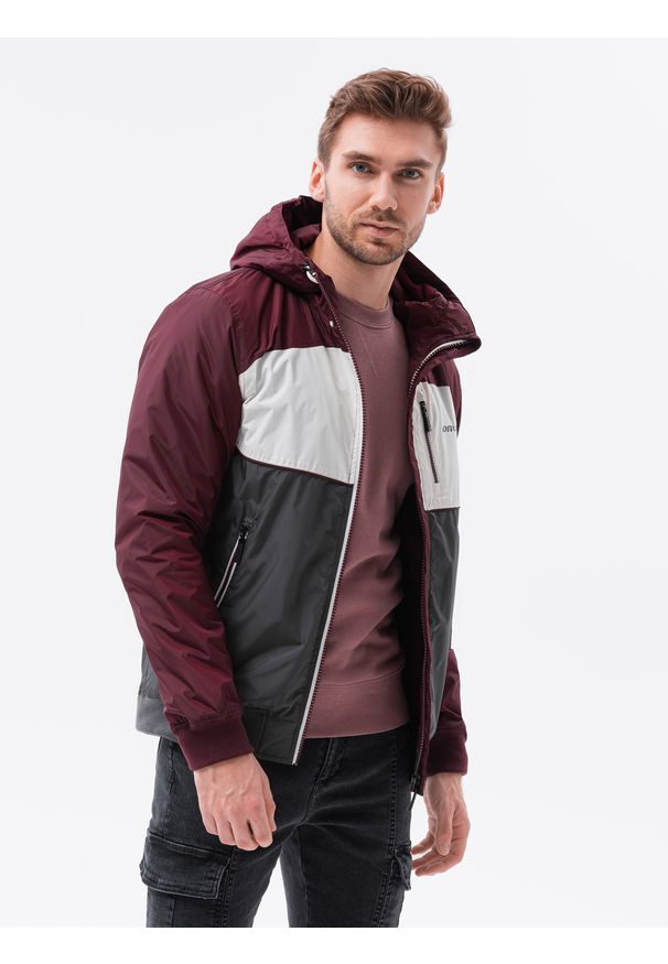 Ombre Clothing - Kurtka męska przejściowa C447 - bordowa - XXL. Typ kołnierza: kaptur. Kolor: czerwony. Materiał: poliester