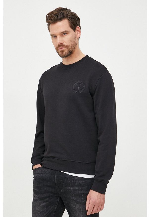 Trussardi Jeans - Trussardi bluza bawełniana męska kolor czarny gładka. Kolor: czarny. Materiał: bawełna. Wzór: gładki