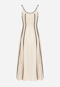 Born2be - Jasnobeżowa Rozkloszowana Sukienka z Wiskozą w Pionowe Paski Gonavirae. Kolor: beżowy. Materiał: wiskoza. Długość rękawa: na ramiączkach. Wzór: paski. Sezon: wiosna, lato. Styl: elegancki #5